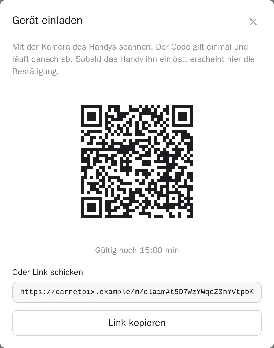 Einladungsdialog von CarnetPix mit QR-Code, Restlaufzeit und einem Feld zum Kopieren des Links.